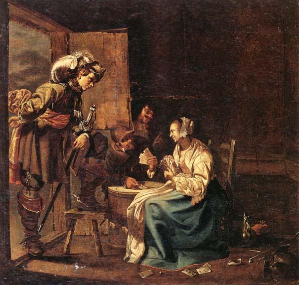 Jacob Duck Interior with soldiers and a woman playing cards,an officer watching from a doorway